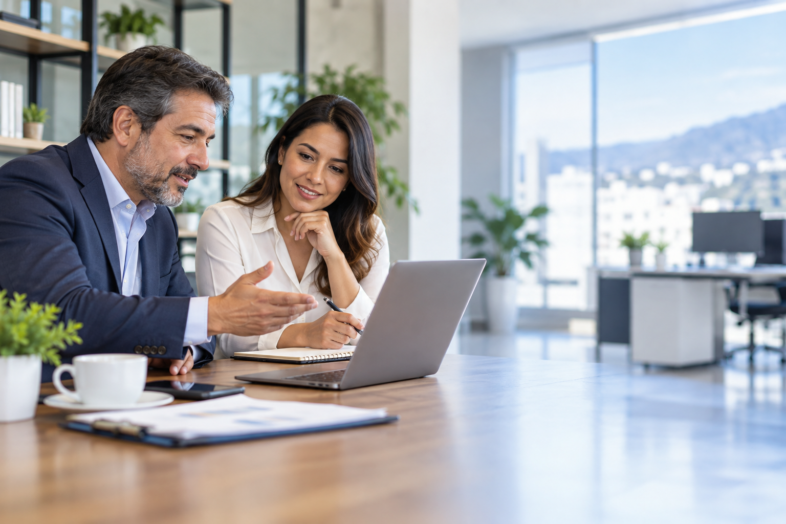 Consultor y empresaria revisando una estrategia digital en una oficina.