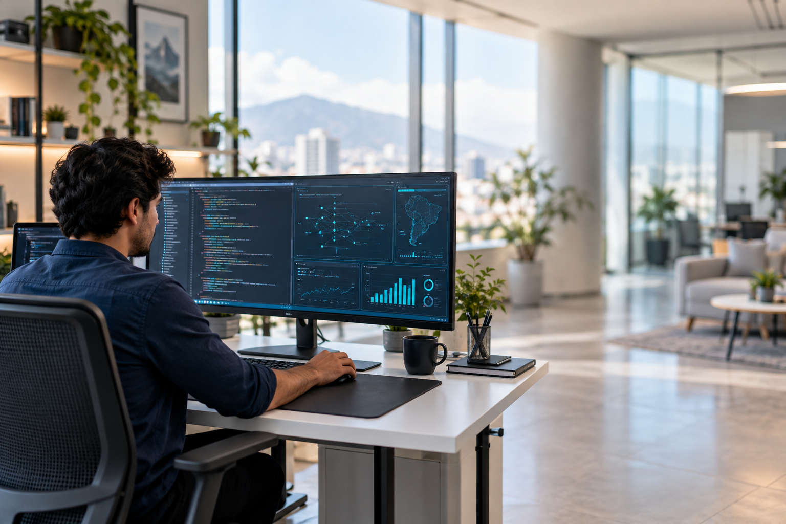 Profesional desarrollando software en un espacio de trabajo moderno.